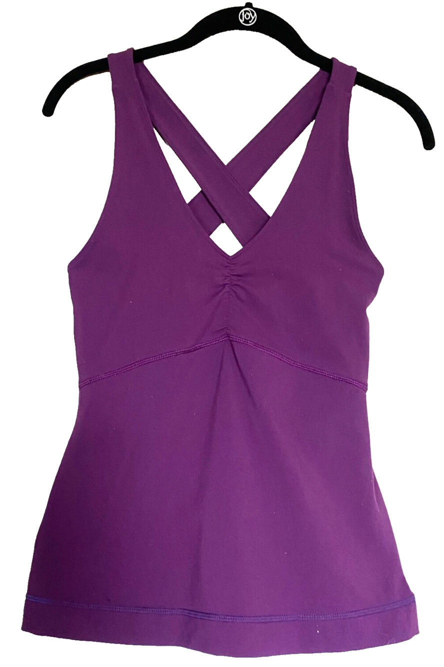 REESE PILATES Athletic Tank Top Shelf Bra Criss Cross Back Purple Ruched USA M